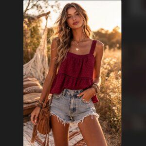 Babydoll Tank Top Burgundy Wine Red Swiss Dot Boxy Loose Fit Size Large